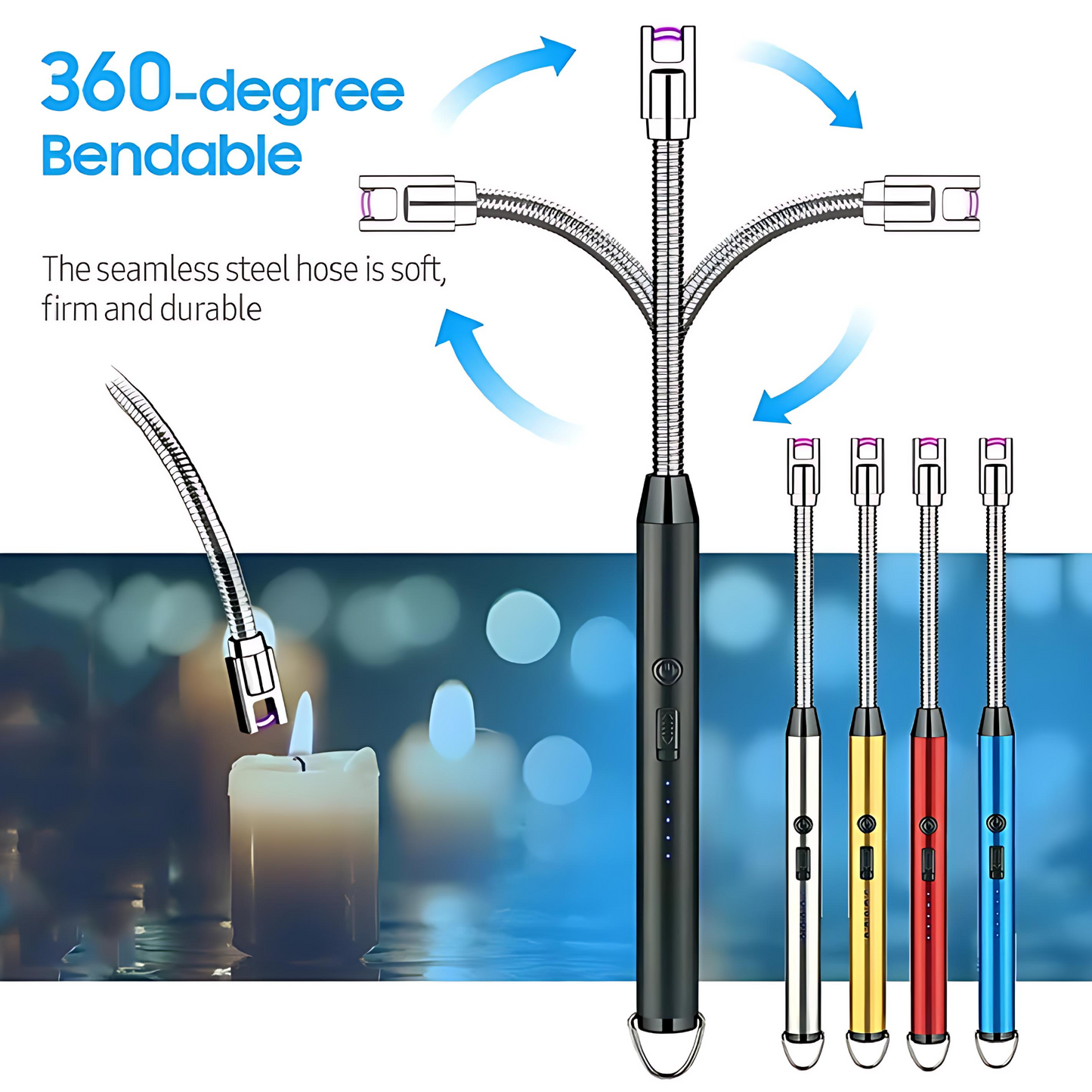 USB arc lighter with 360-degree bendable neck in five colors