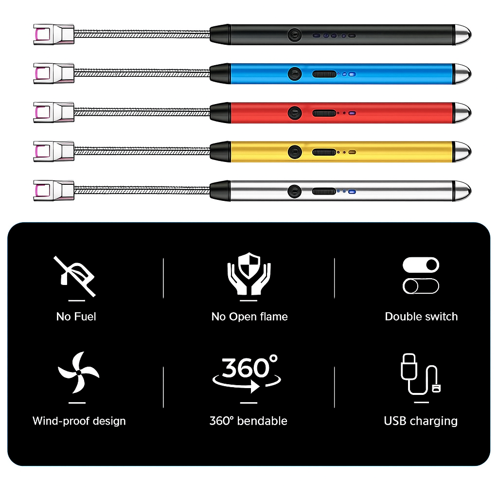 Electric flameless lighter showing safety icons and USB charging