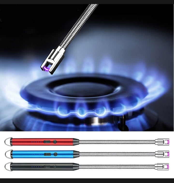 Arc lighter igniting a gas stove with red, blue, and black color variants